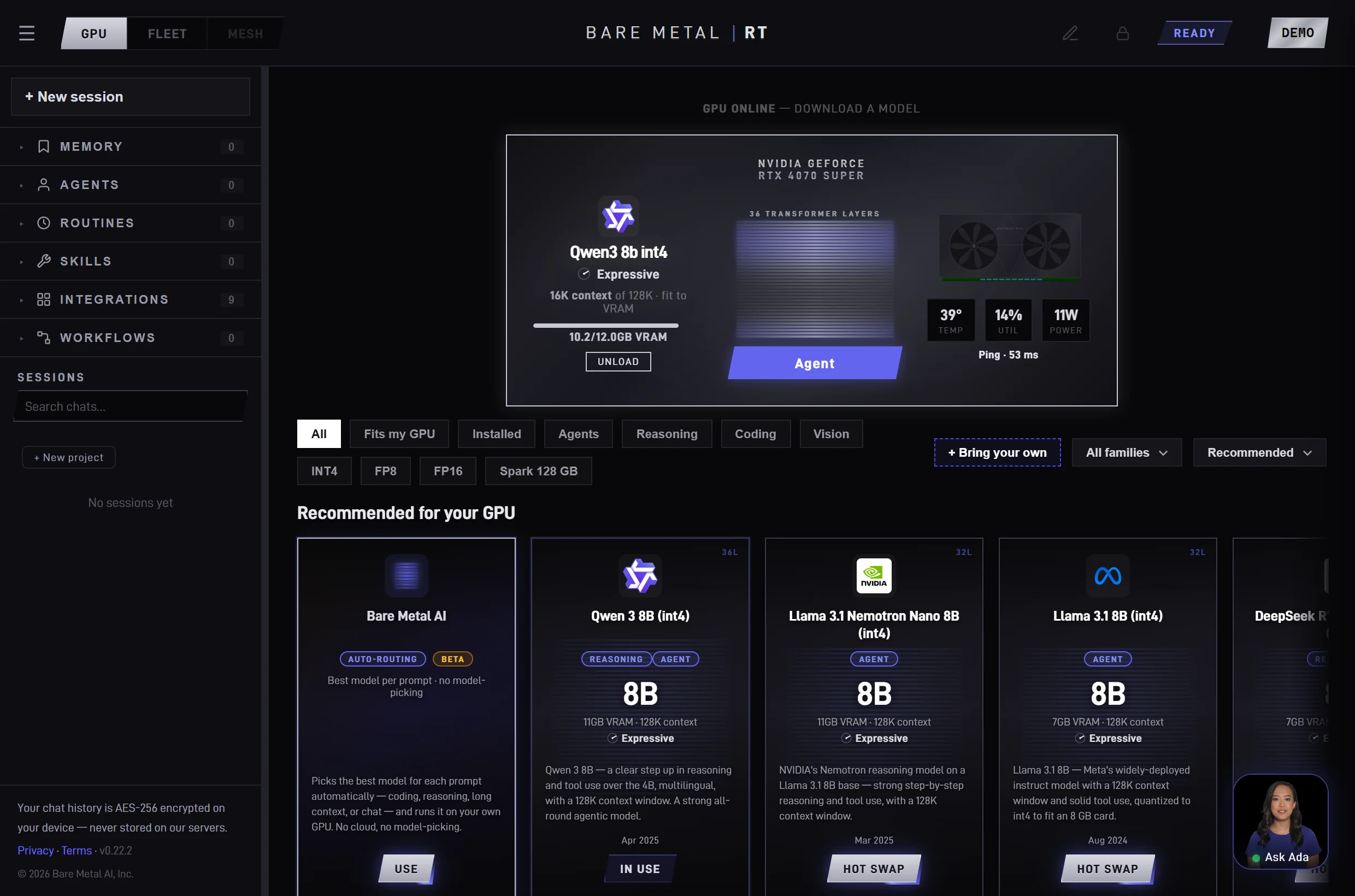 Bare Metal RT — the live app running on an RTX GPU: model catalog, GPU dashboard, agents